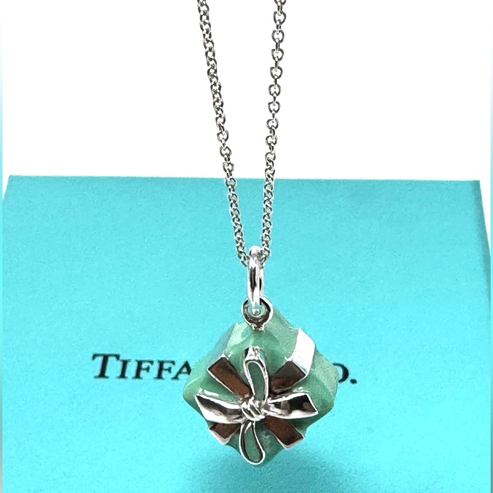 Authentic Tiffany & co. Enamel Blue Gift Box Pendant Necklace.